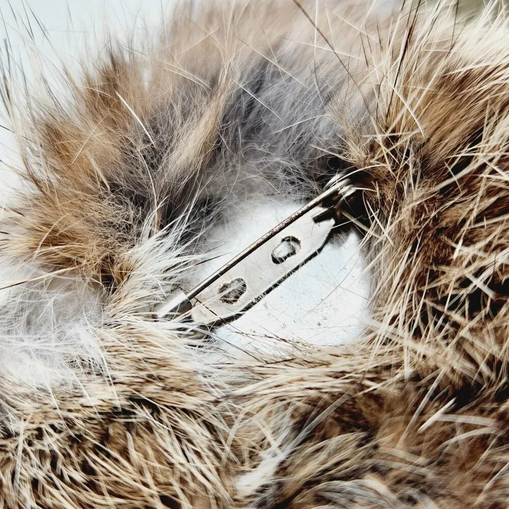 Genuine Brown Rabbit Fur Puffy Large Giant Vintage Brooch Hat Pin
